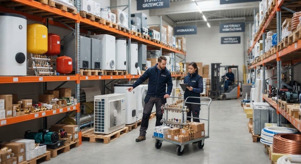 Pracownicy kompletujący materiały hydrauliczne i instalacyjne w hurtowni